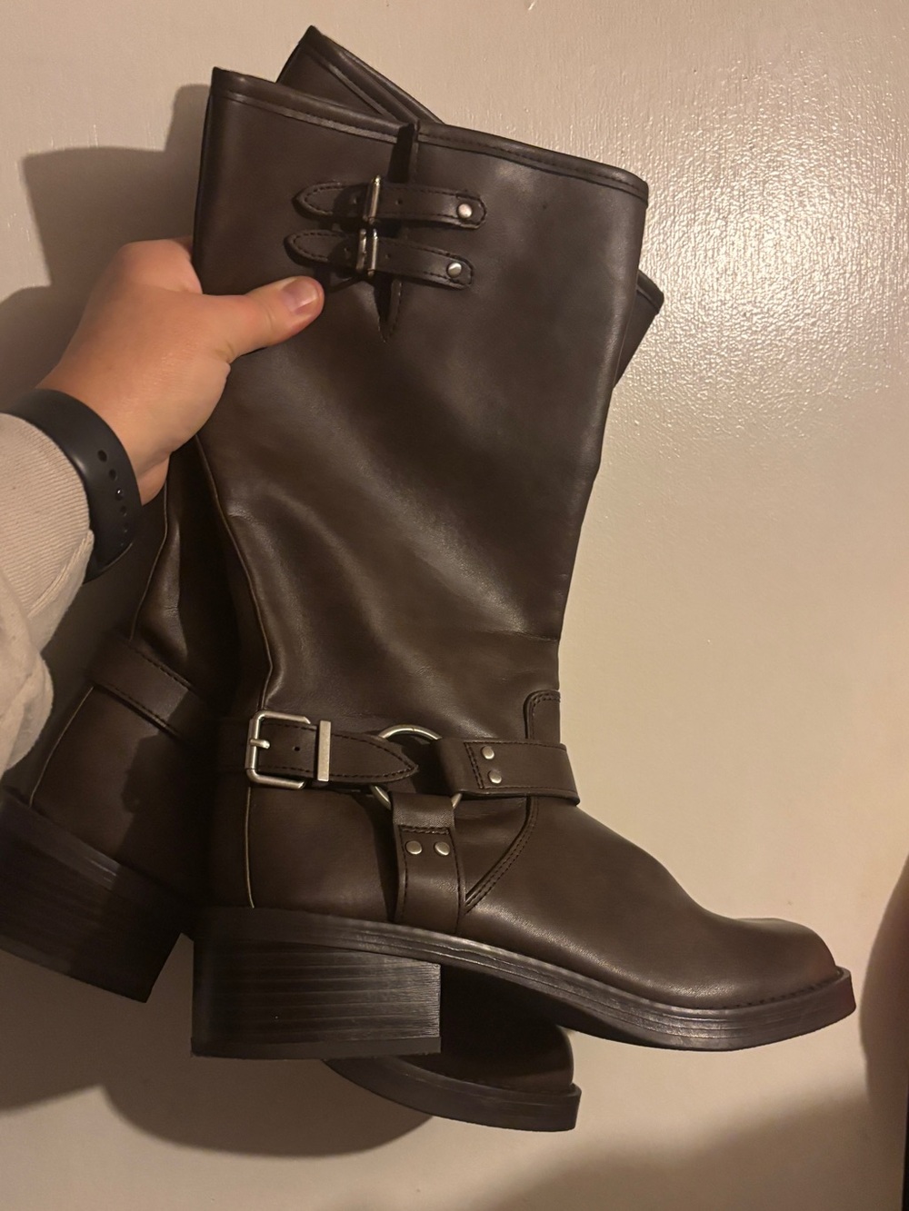 Sm New York Hannah Dark Brown Leather Mid-Calf Buckle Combat Boots